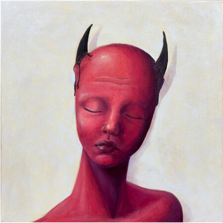 Cream background with a portrait of a red skinned horned girl, bleeding from her horns and sad.