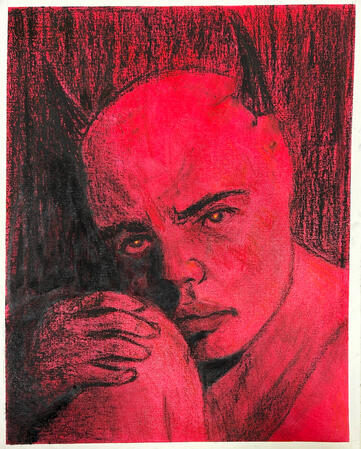 Red background with a black oil pastel portrait of horned girl with melancholic, sad expression.