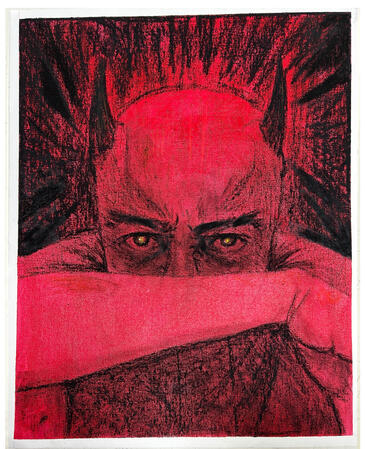 Smile my angel Red background with a black oil pastel portrait of an angry horned girl, her face hidden behind her arm except for her eyes and forehead.